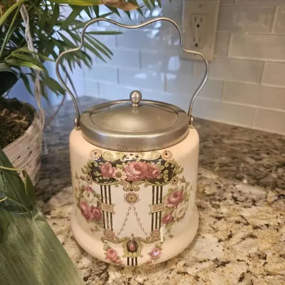 Antique British Bristolia Ceramic Biscuit Barrel With EPNS Lid And Handle - Picture 3 of 10